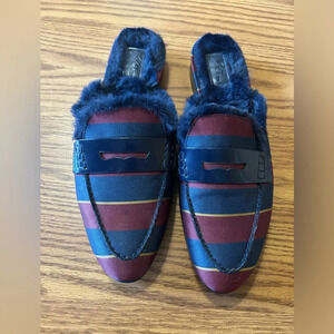 J. Crew Faux Fur Lined Academy Loafers Slide Mules Burgundy Striped Size 7.5